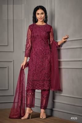 Designer Fancy Party Wear Straight Maroon Net Salwar Suit Semi Stitched 1