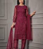 Designer Fancy Party Wear Straight Maroon Net Salwar Suit Semi Stitched