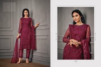 Designer Fancy Party Wear Straight Maroon Net Salwar Suit Semi Stitched 3
