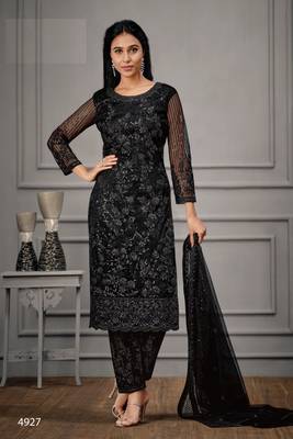 Designer Fancy Party Wear Straight Black Net Salwar Suit Semi Stitched 1