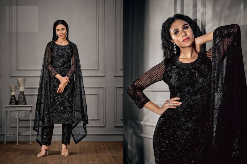 Designer Fancy Party Wear Straight Black Net Salwar Suit Semi Stitched