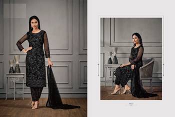 Designer Fancy Party Wear Straight Black Net Salwar Suit Semi Stitched 3