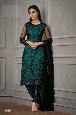 Designer Fancy Party Wear Straight Green Net Salwar Suit Semi Stitched 1