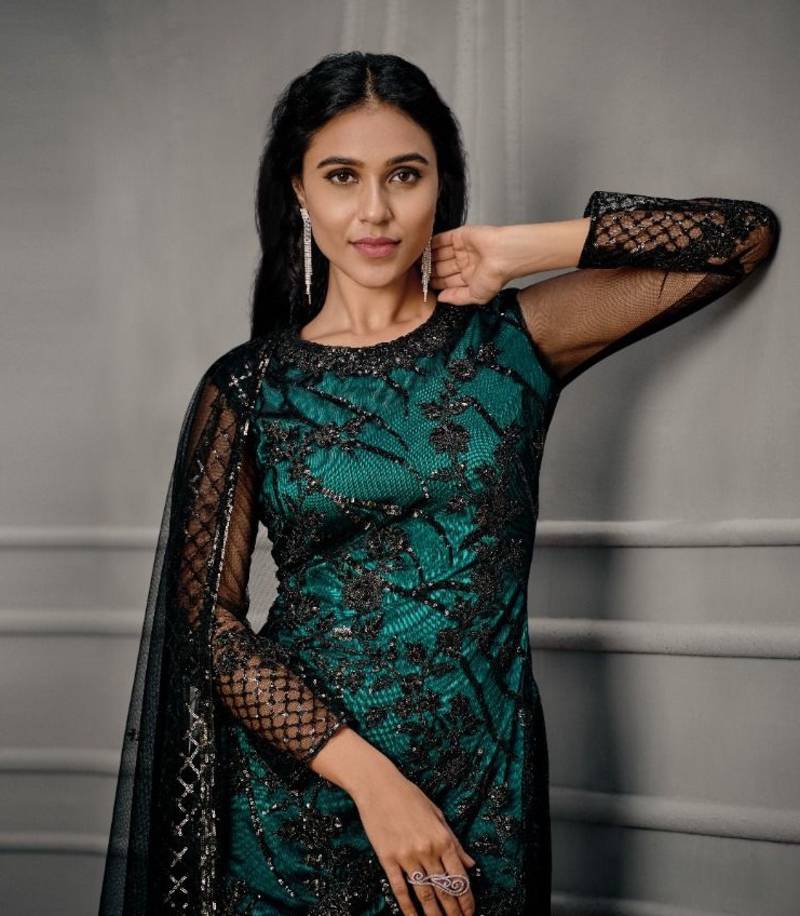 Designer Fancy Party Wear Straight Green Net Salwar Suit Semi Stitched