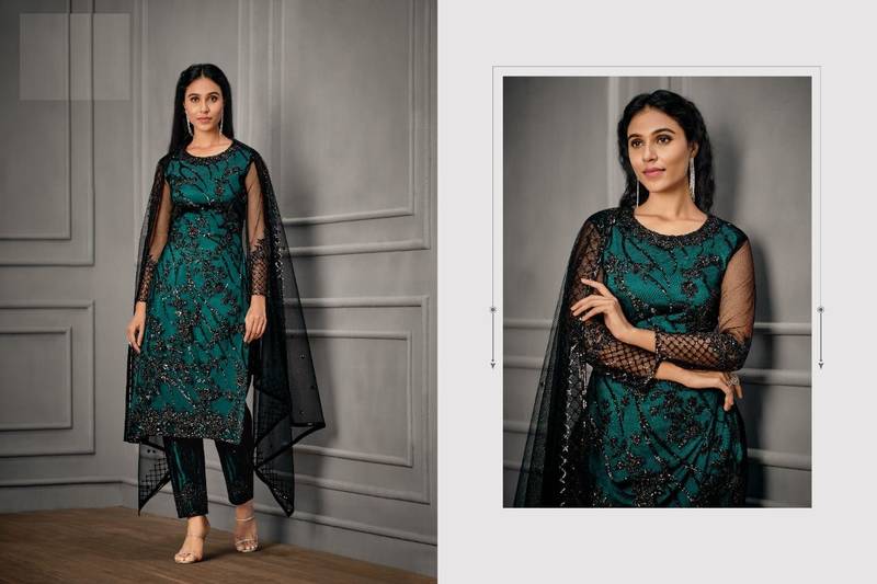 Designer Fancy Party Wear Straight Green Net Salwar Suit Semi Stitched