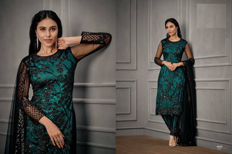 Designer Fancy Party Wear Straight Green Net Salwar Suit Semi Stitched