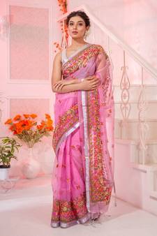Combining the most beautiful colour and designs, this pink resham silk saree is just perfect.