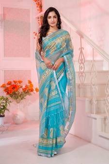 Serene and poised is what you will look in this sky blue resham silk handwoven saree.