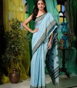 The combination of contemporary style with ethnic heritage, this sky blue pure cotton handwoven saree depicts the same.