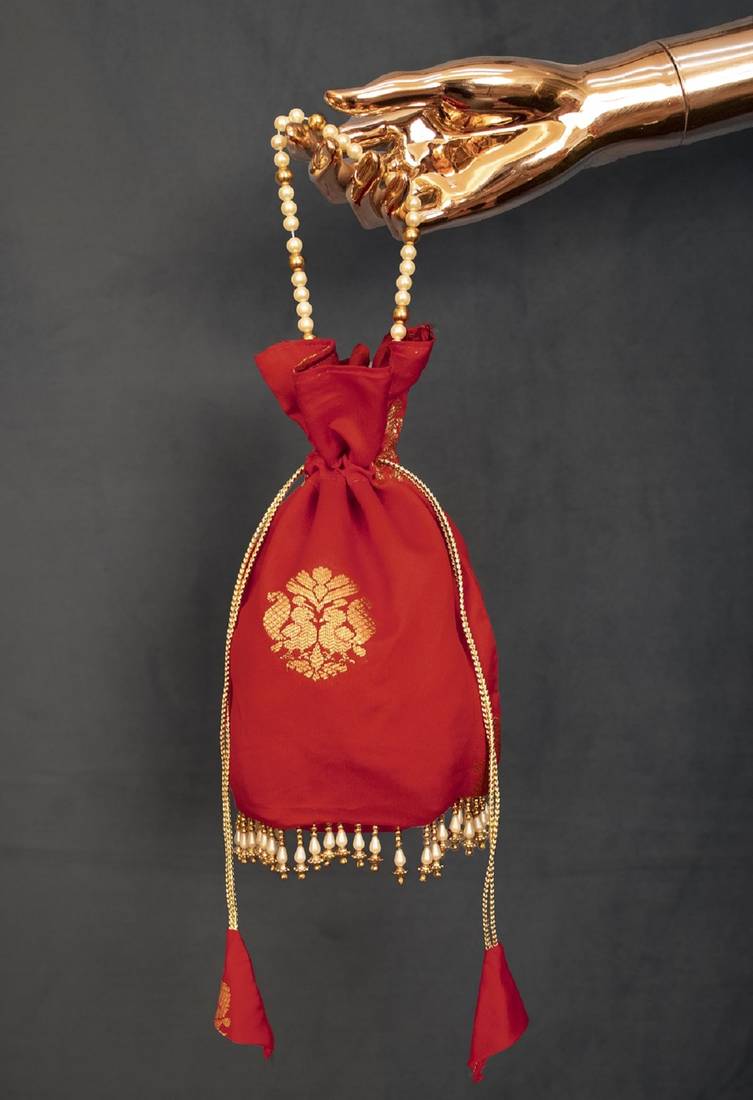 Red colour Silk (Paithani) Pearl lace border also comes with moti handle potli purse