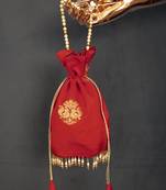 Red colour Silk (Paithani) Pearl lace border also comes with moti handle potli purse