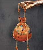  Orange colour Silk (Paithani) Pearl lace border also comes with moti handle potli purse