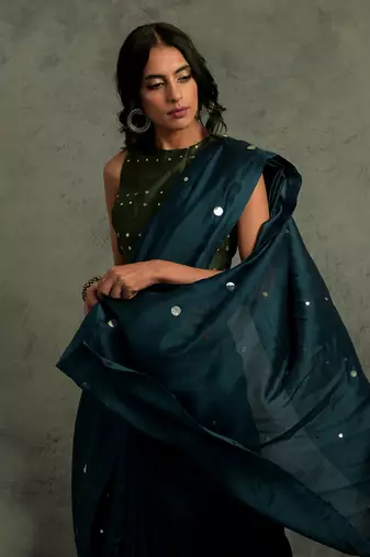 Blue Chanderi Saree With Sleeveless Blouse 