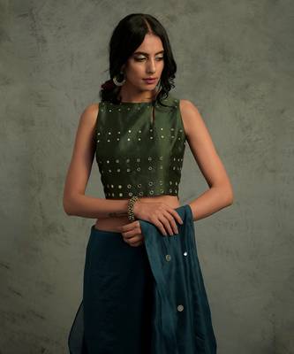 Blue Chanderi Saree With Sleeveless Blouse  5