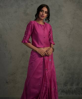 Chanderi Pink Saree With Fullsleeve Blouse  5