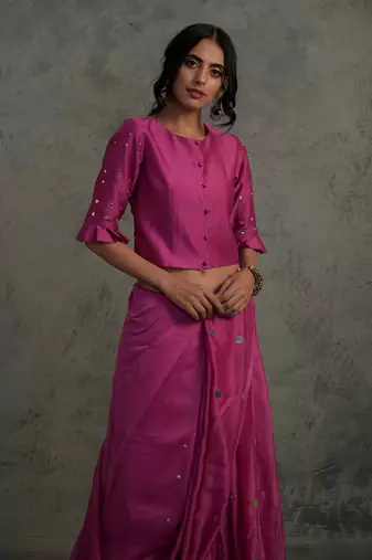 Chanderi Pink Saree With Fullsleeve Blouse 