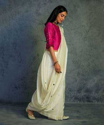 Chanderi  Off-white Saree With Fullsleeve Blouse  5
