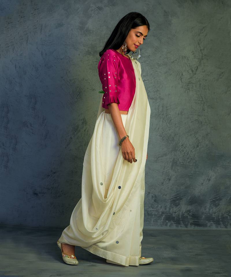 Chanderi  Off-white Saree With Fullsleeve Blouse 