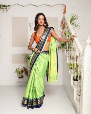 Green Silk Saree With Blue Zari Border 1