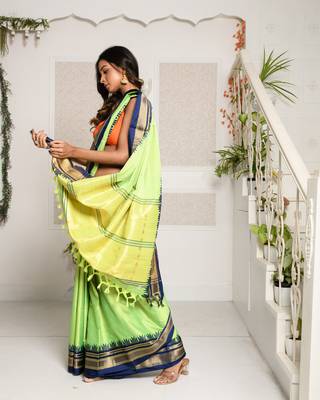 Green Silk Saree With Blue Zari Border 2