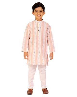 Peach Stripes Cotton Jacquard Kurta Pajama Set // Traditional Wear 1