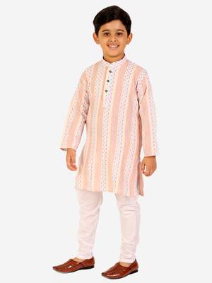 Peach Stripes Cotton Jacquard Kurta Pajama Set // Traditional Wear 2