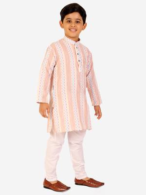 Peach Stripes Cotton Jacquard Kurta Pajama Set // Traditional Wear 3