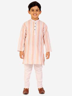Peach Stripes Cotton Jacquard Kurta Pajama Set // Traditional Wear 4
