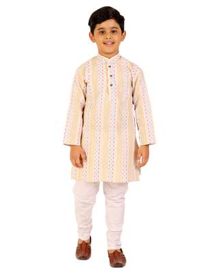 Beige Stripes Cotton Jacquard Kurta Pajama Set // Traditional Wear 1