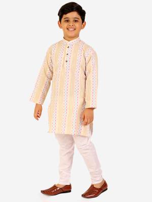 Beige Stripes Cotton Jacquard Kurta Pajama Set // Traditional Wear 2