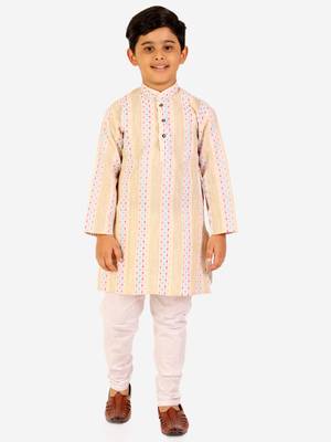 Beige Stripes Cotton Jacquard Kurta Pajama Set // Traditional Wear 3
