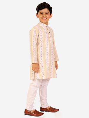 Beige Stripes Cotton Jacquard Kurta Pajama Set // Traditional Wear 4