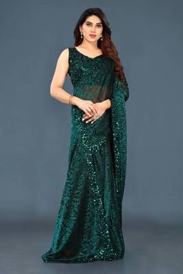 Green Party Wear Lycra Saree  3
