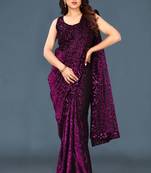 Wine Lycra Printed and Sequin Embroidered Saree with Blouse Piece