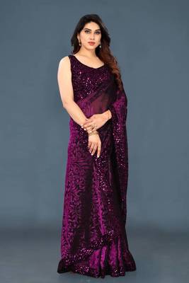 Wine Lycra Printed and Sequin Embroidered Saree with Blouse Piece 2