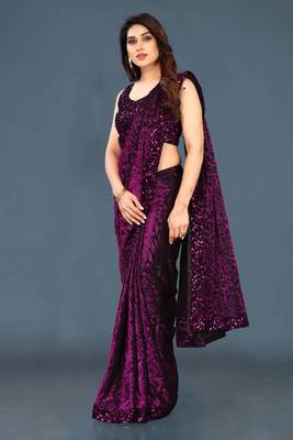 Wine Lycra Printed and Sequin Embroidered Saree with Blouse Piece 3