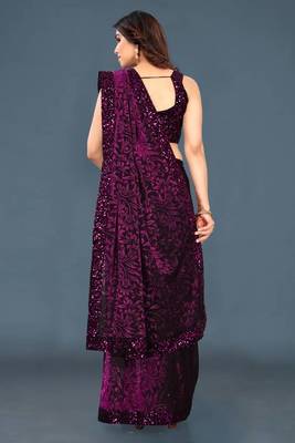 Wine Lycra Printed and Sequin Embroidered Saree with Blouse Piece 4
