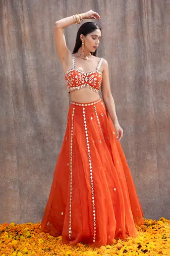 Rust Orange Organza Lehenga