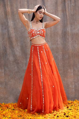 Rust Orange Organza Lehenga