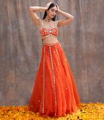 Rust Orange Organza Lehenga