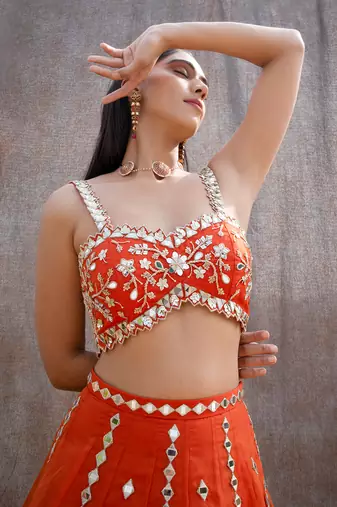 Rust Orange Organza Lehenga