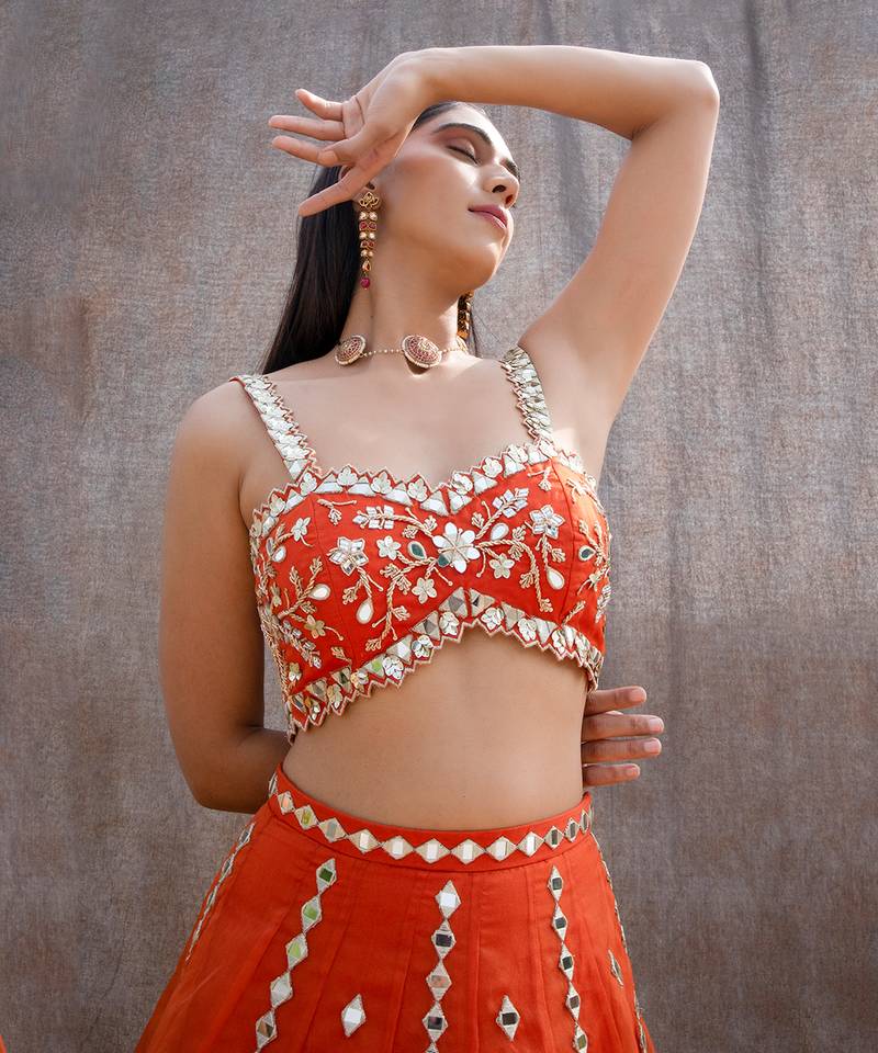 Rust Orange Organza Lehenga