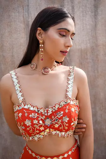 Rust Orange Organza Lehenga