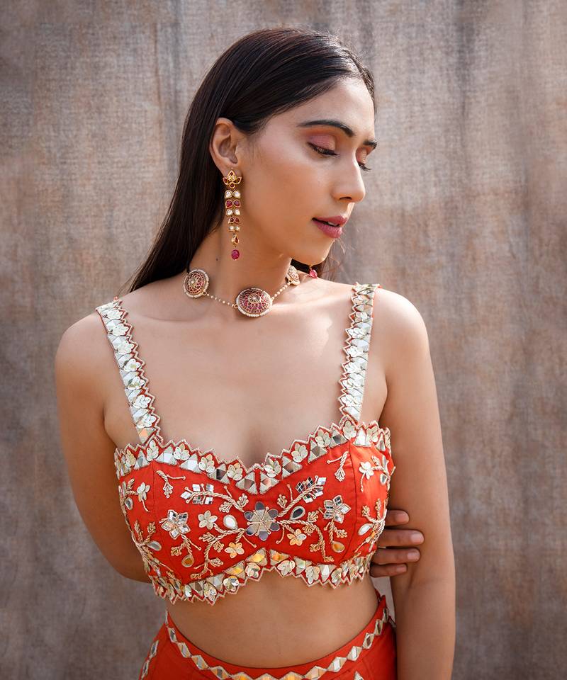 Rust Orange Organza Lehenga