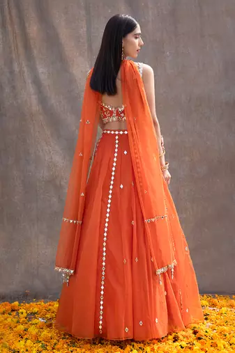 Rust Orange Organza Lehenga