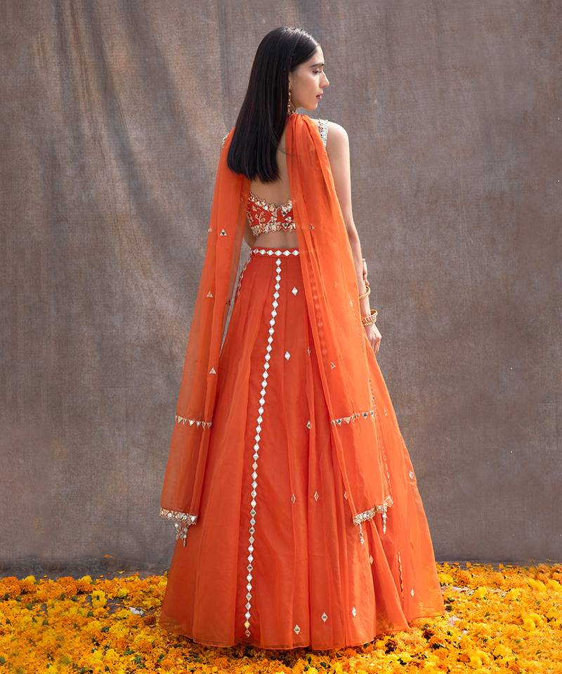 Rust Orange Organza Lehenga