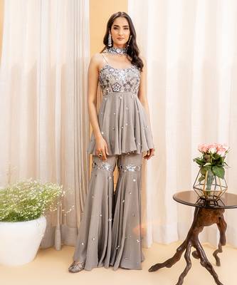 Grey Crepe Pant Set 1