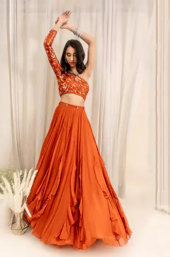 Rust Orange Net Lehenga