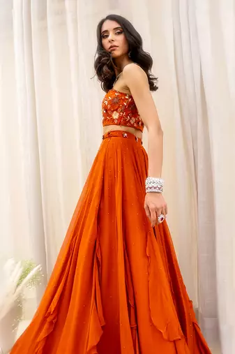 Rust Orange Net Lehenga