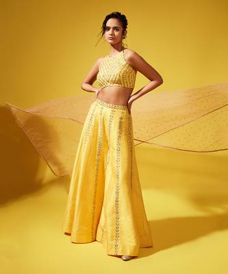 Gina Yellow Palazzo And Silk Top With Tulle Dupatta 1